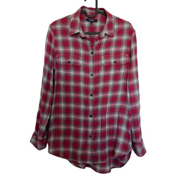 Madewell Ex-Boyfriend Shirt in Fairfax Plaid Button Front Size Small Red Grey - Picture 3 of 9